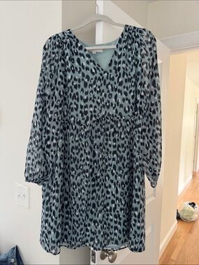 LOFT Blue Leopard Print V-Neck Long Sleeve Dress